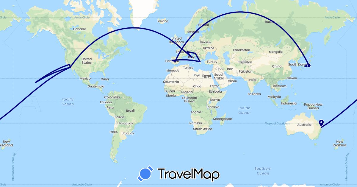 TravelMap itinerary: driving in Australia, Switzerland, Spain, France, Greece, Croatia, Italy, Japan, Portugal, United States (Asia, Europe, North America, Oceania)
